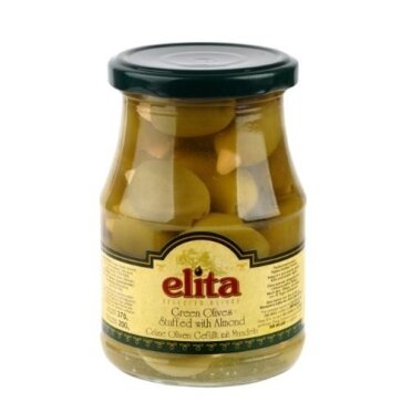 Alyvuogės ELITA žaliosios, su migdolų įdaru, L dydis, 370 g/ 200 g