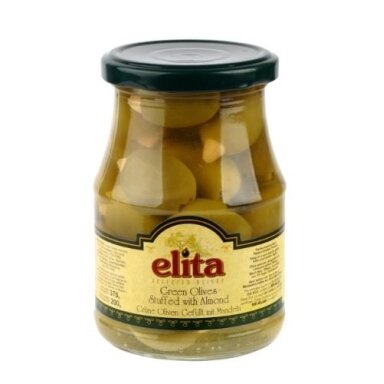 Alyvuogės ELITA žaliosios, su migdolų įdaru, L dydis, 370 g/ 200 g