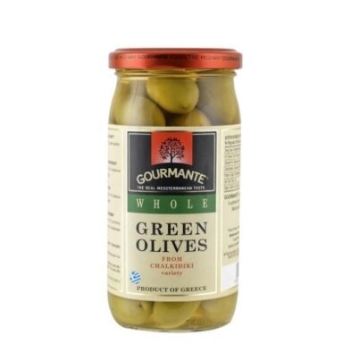 Alyvuogės GOURMANTE, žaliosios, su kauliukais, L dydis, 360 g / 210 g