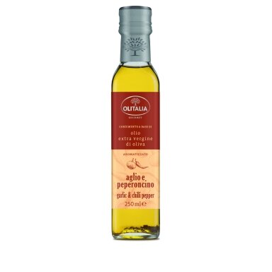 Alyvuogių aliejus OLITALIA, Extra Virgin, su česnakais ir aitriosiomis paprikomis, 250 ml