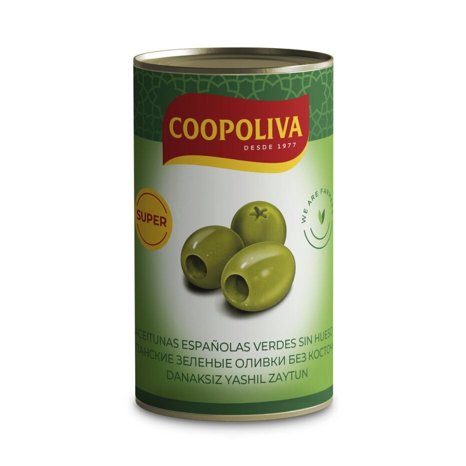 Alyvuogės COOPOLIVA, žalios, be kauliukų, M dydis, 350 g / 150 g