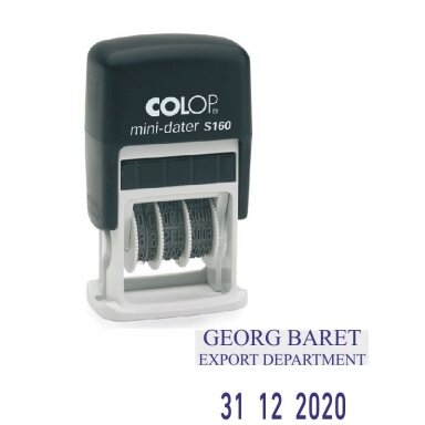 Antspaudas COLOP Mini Dater S160 D03, korpusas juodos spalvos, su mėlyna pagalvėle Antspaudas COLOP Mini Dater S160 D03, korpusas juodos spalvos, su mėlyna pagalvėle