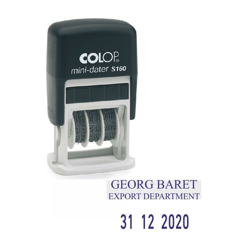 Antspaudas COLOP Mini Dater S160 D03, korpusas juodos spalvos, su mėlyna pagalvėle Antspaudas COLOP Mini Dater S160 D03, korpusas juodos spalvos, su mėlyna pagalvėle