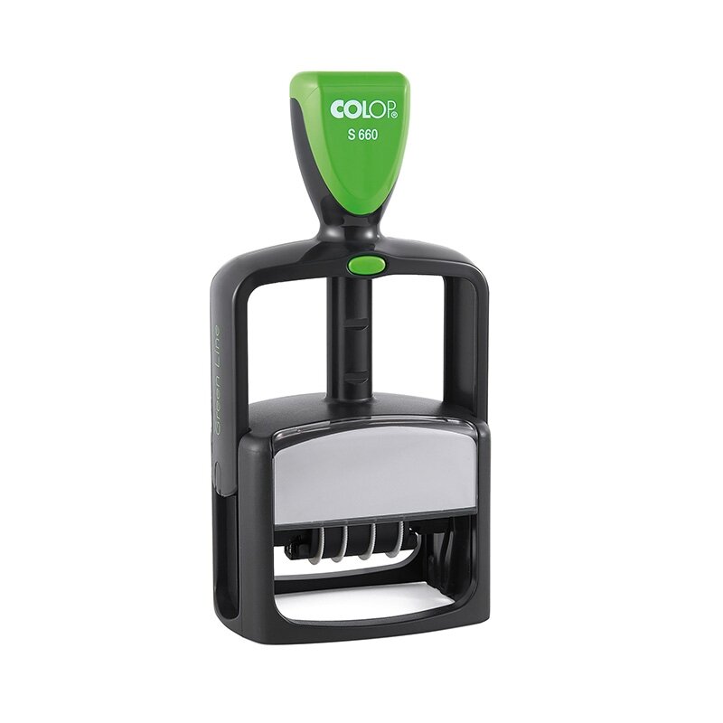 Antspaudas S660 Green Line D03 COLOP, DD.MMM.YYYY, su mėlyna pagalvėlė 1 Antspaudas S660 Green Line D03 COLOP, DD.MMM.YYYY, su mėlyna pagalvėlė 1