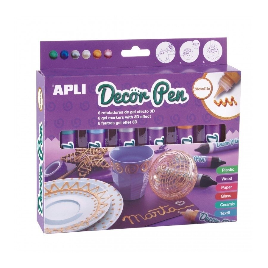 APLI 3D efektą suteikiantys metalizuoti markeriai „Decorpen“ (6 vnt.) APLI 3D efektą suteikiantys metalizuoti markeriai „Decorpen“ (6 vnt.)