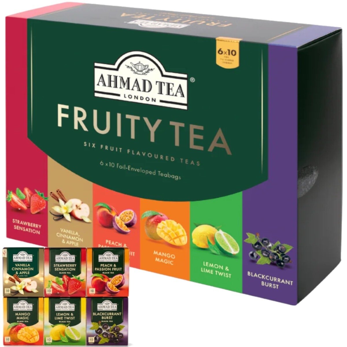 Arbatos rinkinys Ahmad FRUITYTEA, 60 pagalvėlių folijos vokeliuose po 2 g Arbatos rinkinys Ahmad FRUITYTEA, 60 pagalvėlių folijos vokeliuose po 2 g