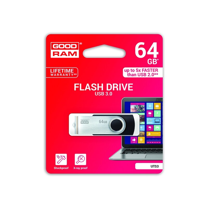 Atmintinė USB 3.0 GOODRAM UTS3 64GB, juoda sp. Atmintinė USB 3.0 GOODRAM UTS3 64GB, juoda sp.