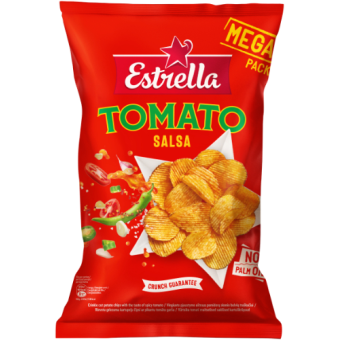 Bulvių traškučiai ESTRELLA, vingiuoto pjaustymo, aštraus pomidorų skonio, 250 g