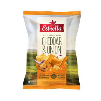 Bulvių traškučiai ESTRELLA KETTLE čederio ir raudonųjų svogūnų skonio, 120g