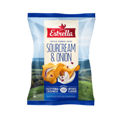 Bulvių traškučiai ESTRELLA KETTLE grietinės ir svogūnų skonio, 120g