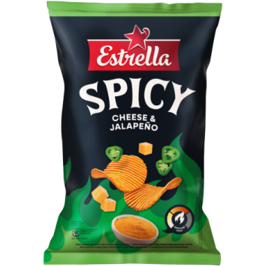 Bulvių traškučiai ESTRELLA Vingiuoto pjausytmo sūrio ir aitriųjų Chalapos paprikų skonio 115g Bulvių traškučiai ESTRELLA Vingiuoto pjausytmo sūrio ir aitriųjų Chalapos paprikų skonio 115g