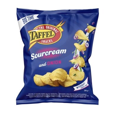 Bulvių traškučiai TAFFEL, grietinės ir svogūnų skonio 250g Bulvių traškučiai TAFFEL, grietinės ir svogūnų skonio 250g