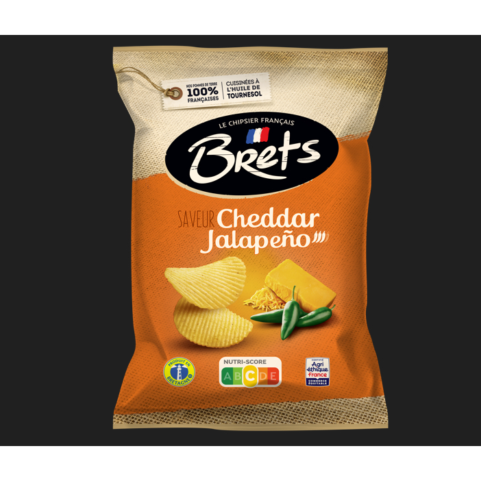 Bulvių traškučiai BRETS, čederio sūrio ir chalapos paprikų skonio, 125g