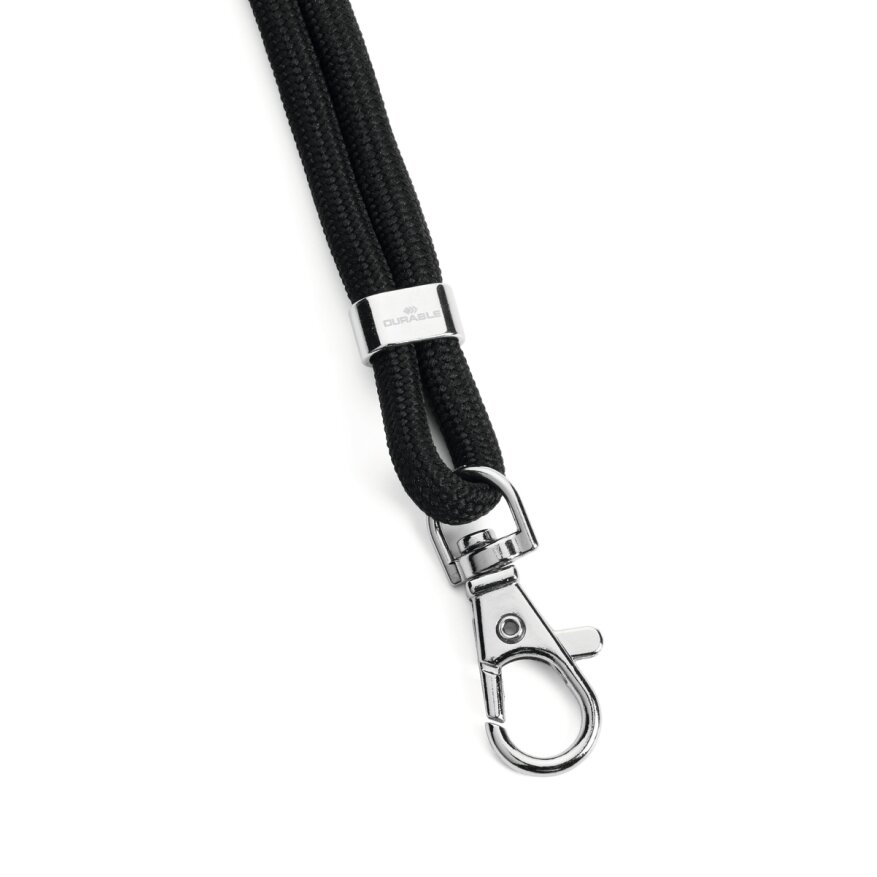Dirželis vardinei kortelei DURABLE su metaliniu segtuku, juoda, 10 vnt 2 Dirželis vardinei kortelei DURABLE su metaliniu segtuku, juoda, 10 vnt 2