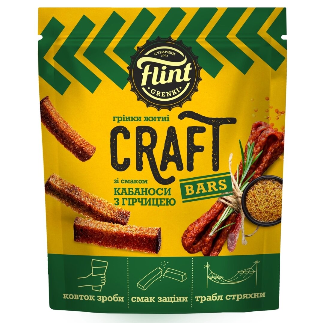 Duonos traškučiai FLINT, Craft, kabanosių ir garstyčių skonio, 80 g