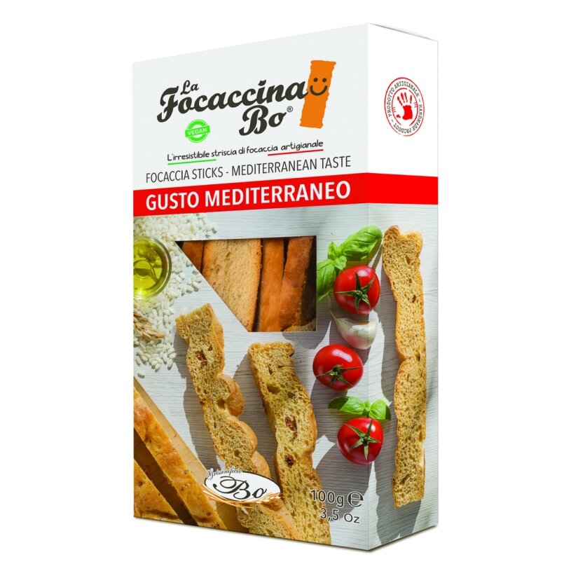 Duonos lazdelės FOCACCINA, Gusto Mediterraneo, su pomidorais, žolelėmis, 100 g