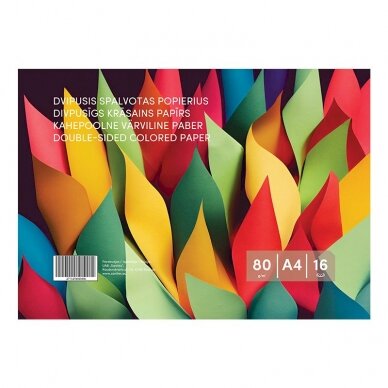 Dvipusis spalvotas popierius, A4,  80 g/m², 16 lapų (8 spalvos x 2).