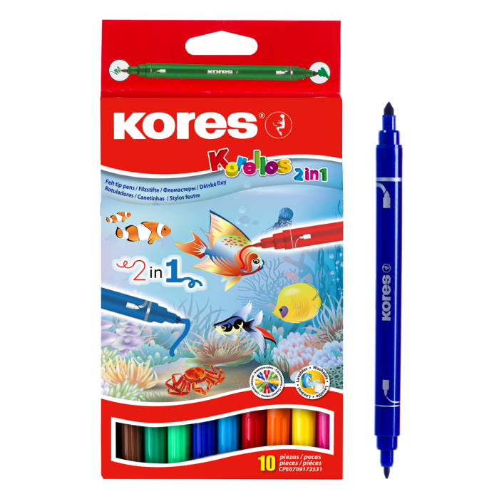 Flomasteriai dvipusiai KORES KORELLO 2 in 1, 10 vnt., dvipusiai Flomasteriai dvipusiai KORES KORELLO 2 in 1, 10 vnt., dvipusiai