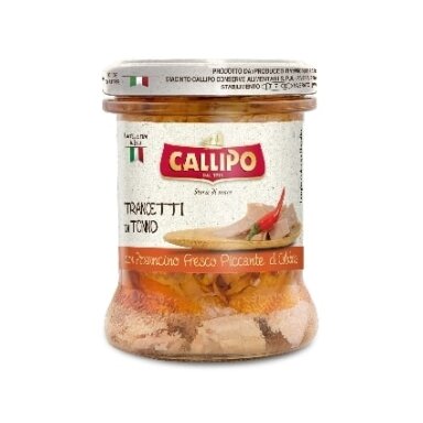 Gelsvauodegių tunų gabaliukai, CALLIPO, su aitriosiomis paprikomis, alyvuogių aliejuje 170g Gelsvauodegių tunų gabaliukai, CALLIPO, su aitriosiomis paprikomis, alyvuogių aliejuje 170g