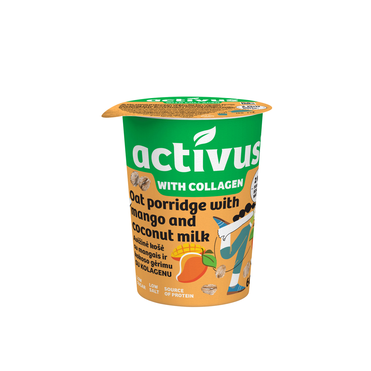 Greitai paruošiama avižinė košė ACTIVUS, su mangų ir kokoso gėrimu, indelyje, 60g.