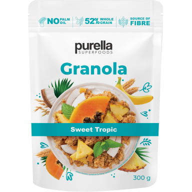 Granola PURELLA, su bananais, ananasais, kokosais ir papajomis, 300 g Granola PURELLA, su bananais, ananasais, kokosais ir papajomis, 300 g