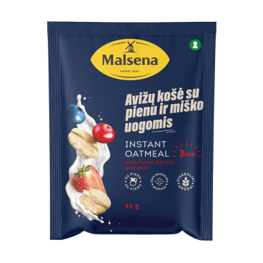 Greitai paruošiama avižinė košė, MALSENA, su miško uogomis ir pienu, 45 g