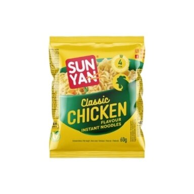 Greitai paruošiami makaronai SUN YAN su vištienos skonio sultiniu pakelyje, 60g Greitai paruošiami makaronai SUN YAN su vištienos skonio sultiniu pakelyje, 60g