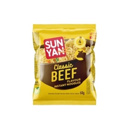 Greitai paruošiami makaronai SUN YAN su jautienos skonio sultiniu, pakelyje, 60g Greitai paruošiami makaronai SUN YAN su jautienos skonio sultiniu, pakelyje, 60g