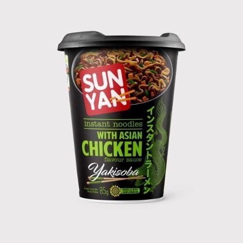 Greitai paruošiami makaronai SUN YAN su azijietiškos vištienos skonio padažu, indelyje, 85g