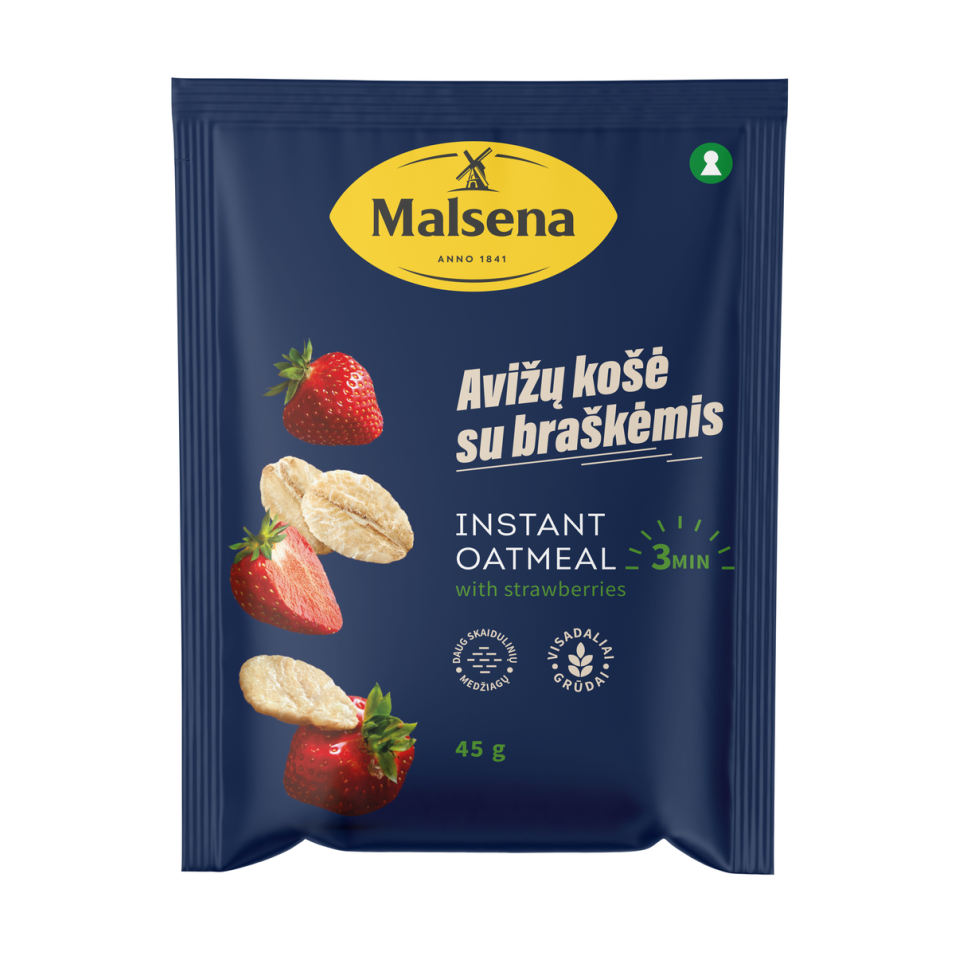 Greitai paruošiama avižinė košė  MALSENA, su braškių gabaliukais, 45 g