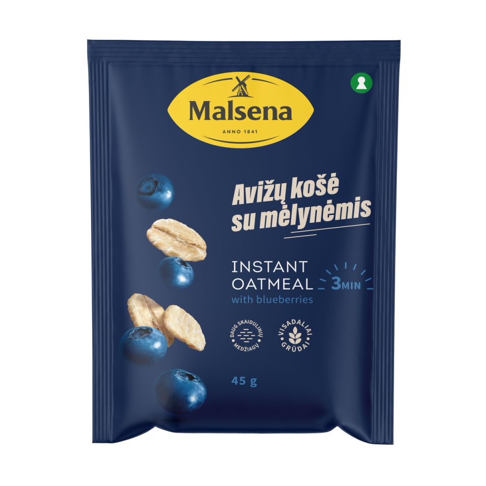 Greitai paruošiama avižinė košė MALSENA, su mėlynių gabaliukais, 45 g