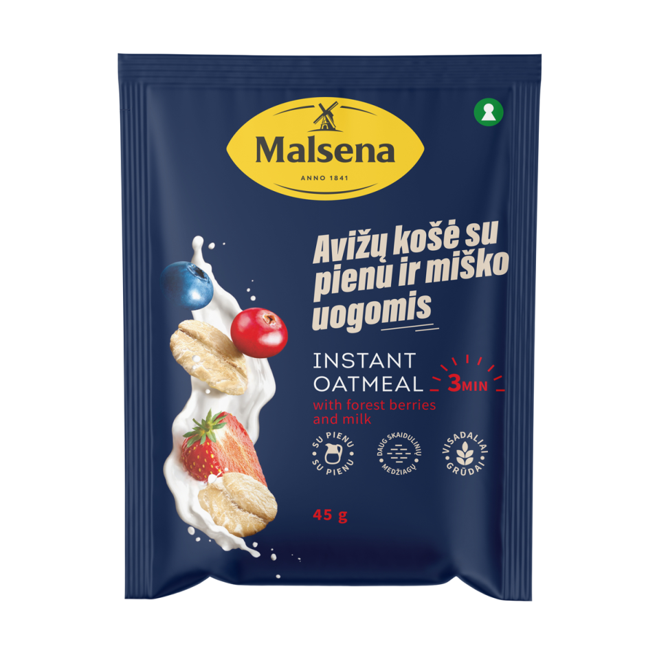 Greitai paruošiama avižinė košė, MALSENA, su miško uogomis ir pienu, 45 g