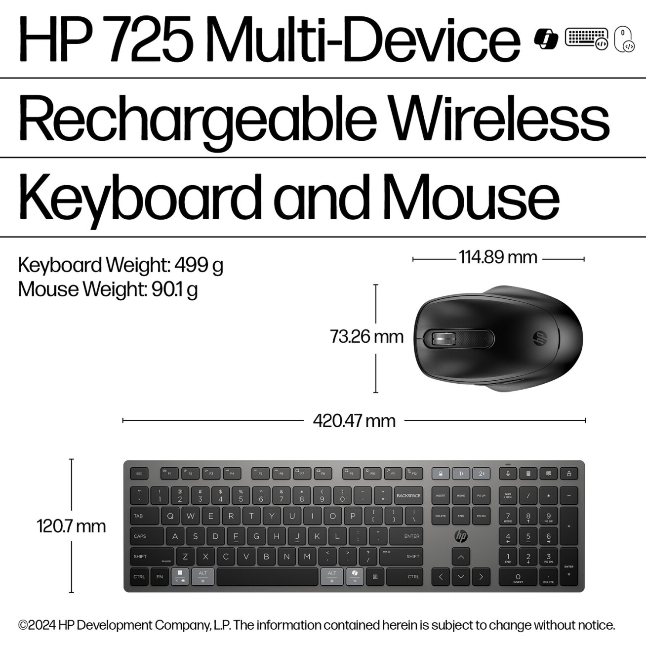 HP 725 Wireless Mouse Keyboard Combo - Multi-Device, Dual-Mode, Programmable, Rechargeable, 4000 dpi, spill resistant - Nightfall Black - ENG 1