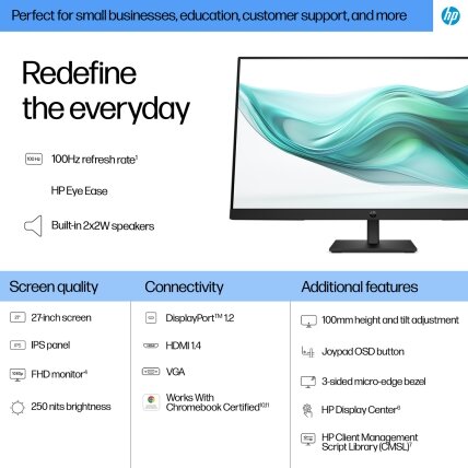 HP 327ph Series 3 Pro FHD Monitor - 27" 1920x1080 FHD 250-nit 100Hz AG, IPS, HDMI/VGA/DisplayPort, speakers, height adjustable/tilt, 3 years (replaces P27h G5) 3