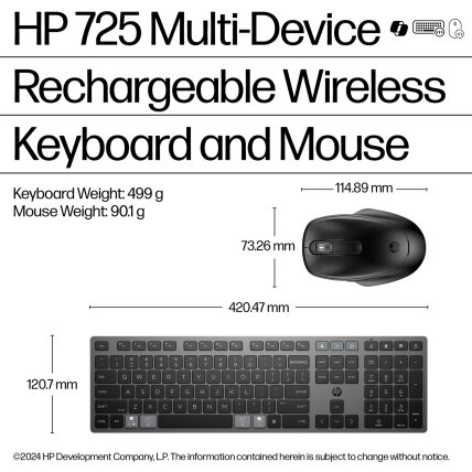 HP 725 Wireless Mouse Keyboard Combo - Multi-Device, Dual-Mode, Programmable, Rechargeable, 4000 dpi, spill resistant - Nightfall Black - ENG 1
