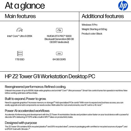 HP Z2 G1i Workstation Tower - Ultra 9-285K, 64GB, 1TB SSD, US keyboard, USB Mouse, Win 11 Pro, 3 years 3