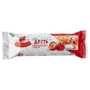Javainių batonėlis HERKULESS Active&Fit, su braškėmis ir jogurtu, 25 g Javainių batonėlis HERKULESS Active&Fit, su braškėmis ir jogurtu, 25 g