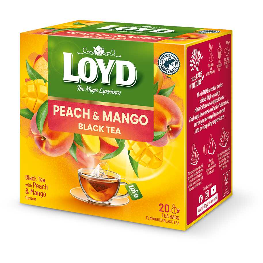 Juodoji arbata LOYD, persikų ir mangų aromato, 20x2g 1 Juodoji arbata LOYD, persikų ir mangų aromato, 20x2g 1