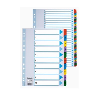 Kartoniniai spalvoti skiriamieji lapai ESSELTE, 1-10, A4 Kartoniniai spalvoti skiriamieji lapai ESSELTE, 1-10, A4