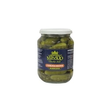 Konservuoti kornišonai MIKADO, su saldikliu, 670 g / 370 g