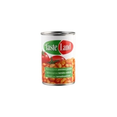 Konservuotos pupelės TASTE LAND, baltosios, pomidorų padaže, 400 g/255 g