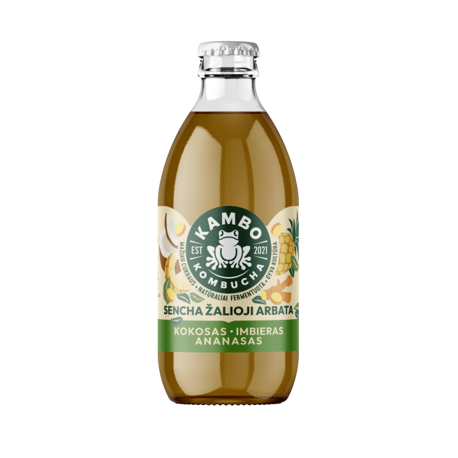 Kombuča KAMBO KOMBUCHA, su ananasais, kokosais ir imbieru, 0,33 l