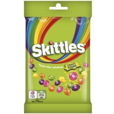Kramtomieji saldainiai SKITTLES Crazy Sours rūgštūs vaisių skonio traškiame cukraus glajuje, 95 g Kramtomieji saldainiai SKITTLES Crazy Sours rūgštūs vaisių skonio traškiame cukraus glajuje, 95 g