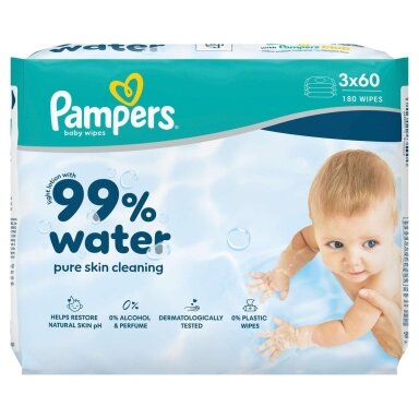 Kūdikių servetėlės PAMPERS Water, 3x60 vnt. Kūdikių servetėlės PAMPERS Water, 3x60 vnt.