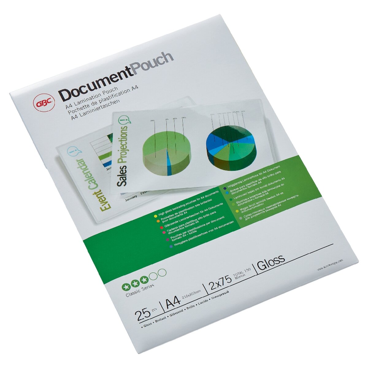 Laminavimo vokeliai GBC, A4, 75 mik., blizgūs, 25 vnt. 5 Laminavimo vokeliai GBC, A4, 75 mik., blizgūs, 25 vnt. 5