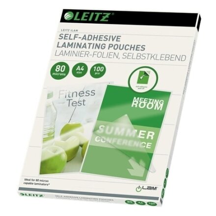 Laminavimo vokeliai Leitz, A4, , 80 mik., lipnūs, 100 vnt Laminavimo vokeliai Leitz, A4, , 80 mik., lipnūs, 100 vnt