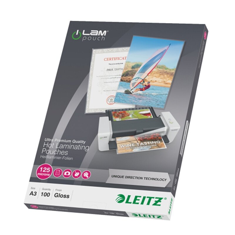 Laminavimo vokeliai Leitz, A3, 303x426 mm, 125 mik., UDT, blizgūs, 100 vnt. Laminavimo vokeliai Leitz, A3, 303x426 mm, 125 mik., UDT, blizgūs, 100 vnt.