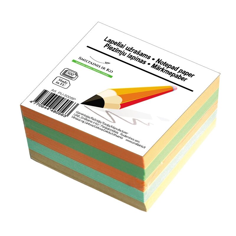 Lapeliai užrašams SMLT, 90 x 90 mm, 500 lapelių, įvairių spalvų Lapeliai užrašams SMLT, 90 x 90 mm, 500 lapelių, įvairių spalvų