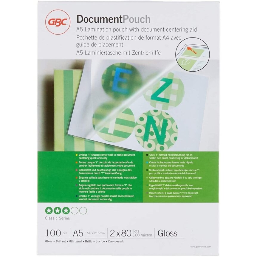 Laminavimo vokeliai GBC, A5, 154x216 mm, 80 mik., blizgūs, 100 vnt. Laminavimo vokeliai GBC, A5, 154x216 mm, 80 mik., blizgūs, 100 vnt.