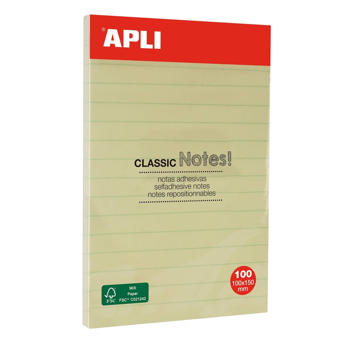 Lipnūs lapeliai Apli Classic, 100 x 150 mm, 100 lapelių, linijomis, geltona Lipnūs lapeliai Apli Classic, 100 x 150 mm, 100 lapelių, linijomis, geltona
